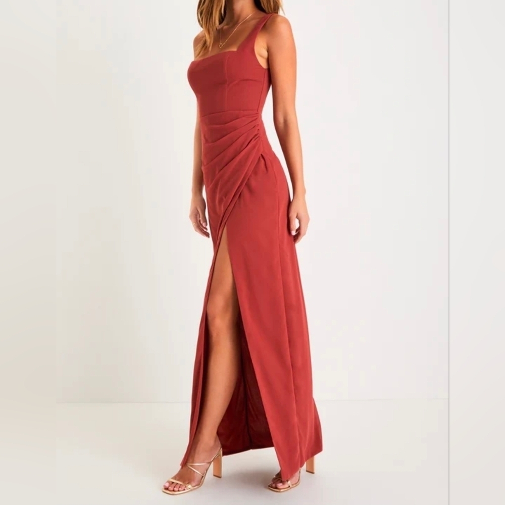 Lulus Glamorous Disposition Rust Ruched Maxi Dress, Size Medium